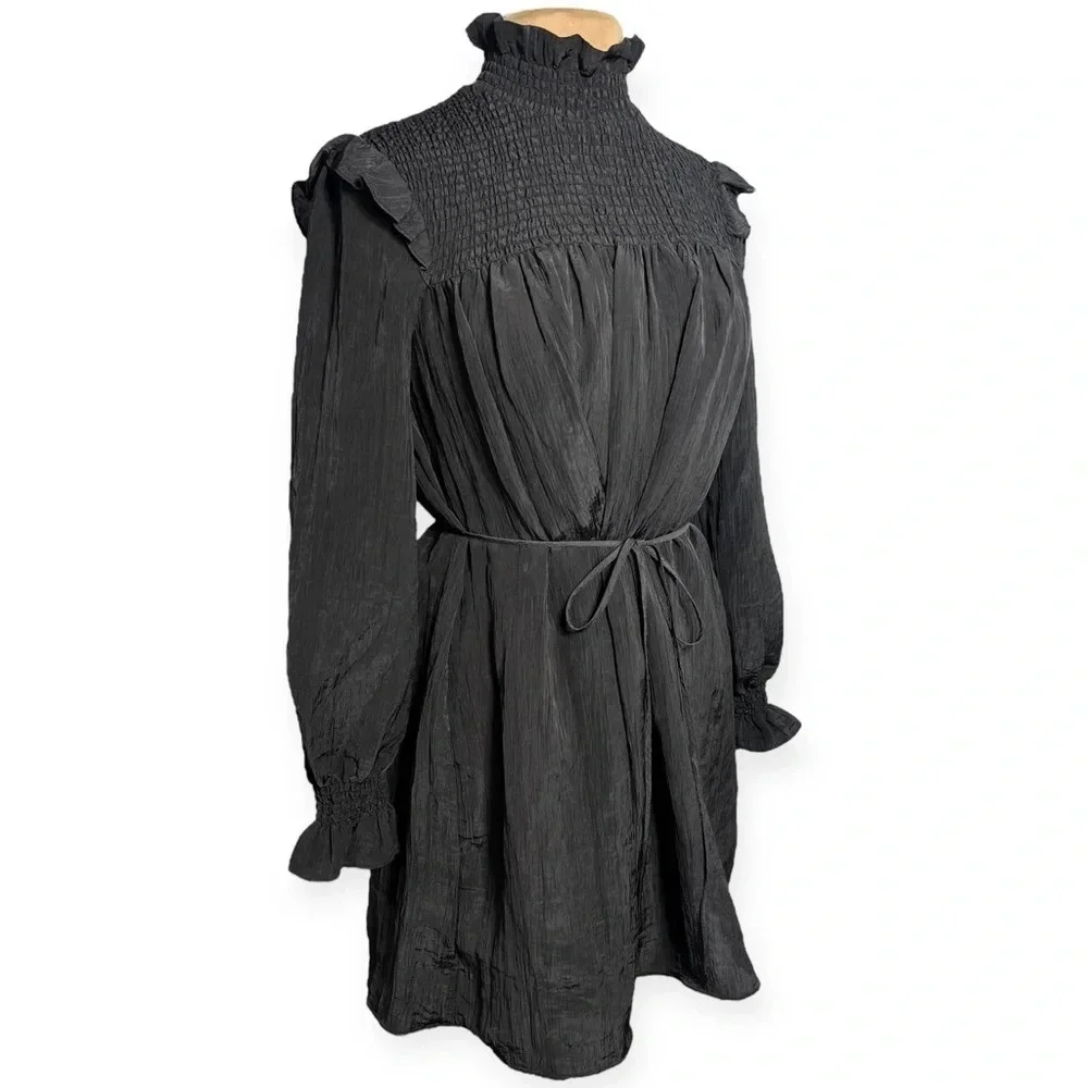 French Connection black boza crinkle dress long sleeve mock neck smocked CBK - Picture 5 of 10